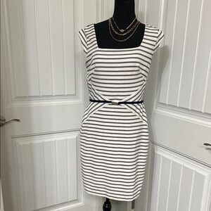 Striped White and Navy Sheath Dress with Belt